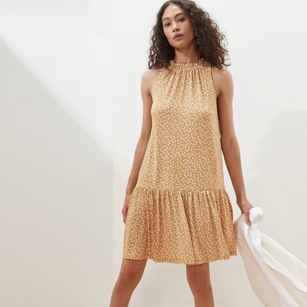 Banana Republic Ditzy Floral Honey Orange Sleeveless Knit Shift Dress Size MP